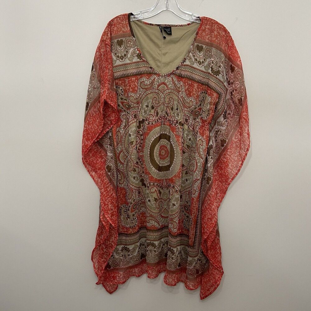 LOVE by CHESLEY kaftan tunic dress with kimono sleeves Womens Large Coral Tan